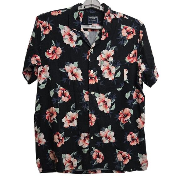 Abercrombie & Fitch Men’s XL Floral Button Up Shirt Black Red White Cotton Blend - Picture 1 of 4